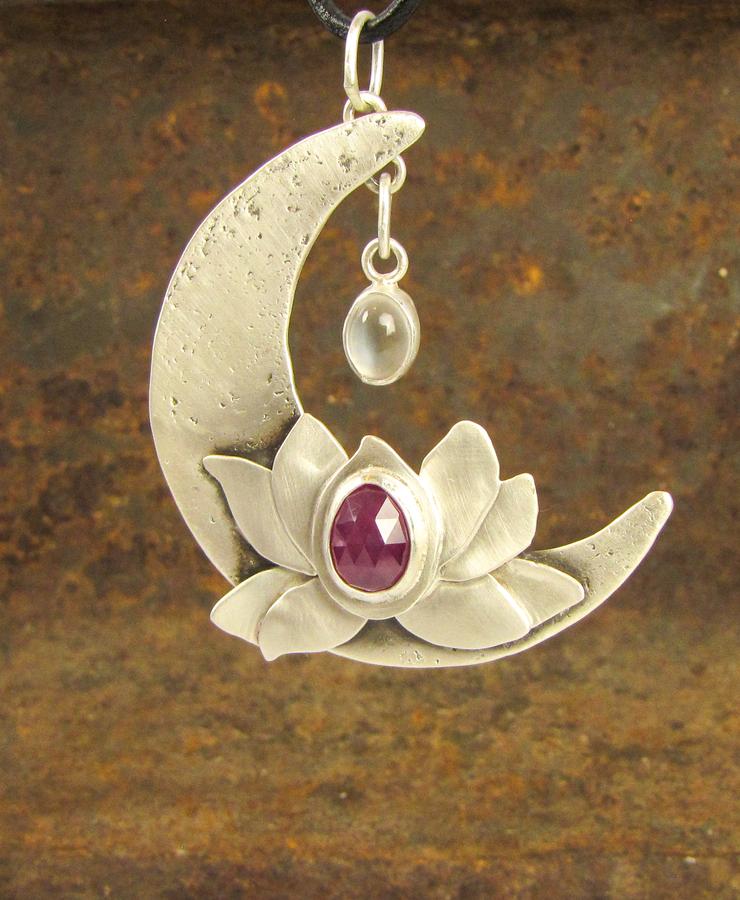 Moon and Lotus Pendant with Pink Sapphire